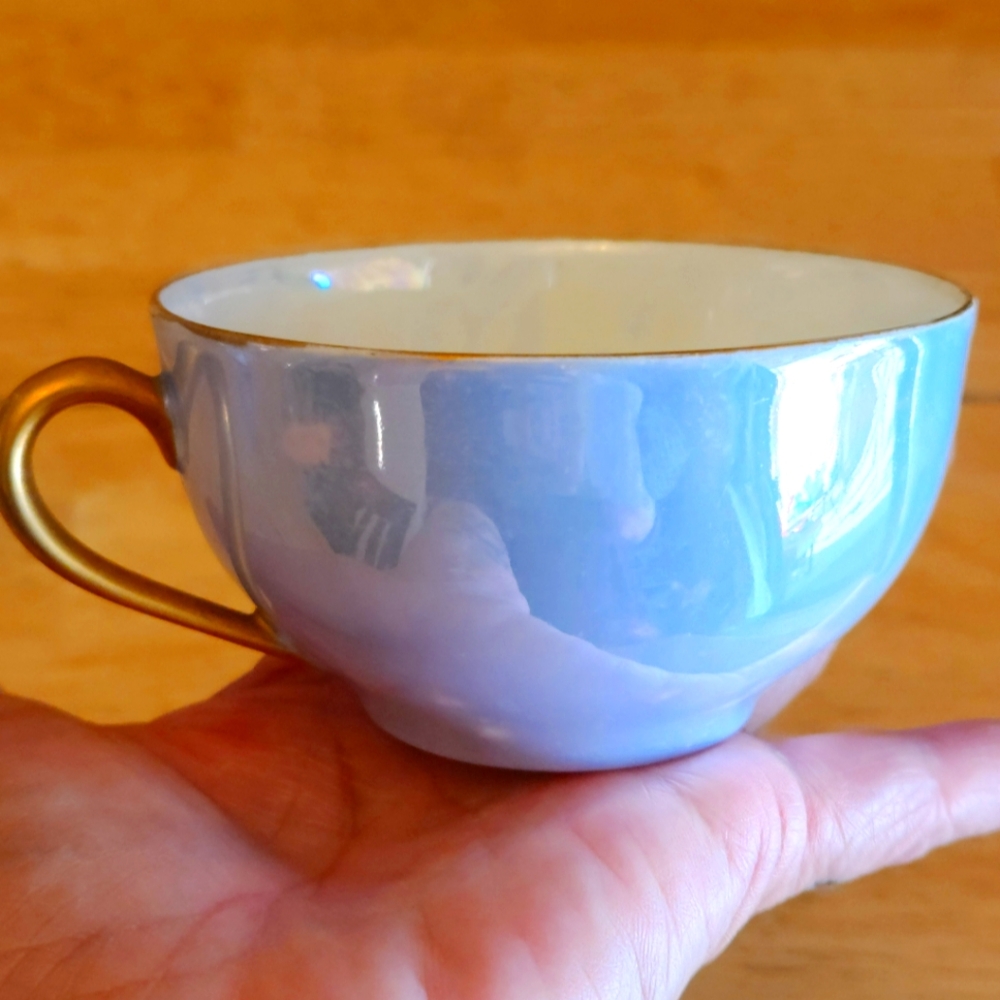 2 Vintage White & Blue-luster 1950's Dainty Tea Cups